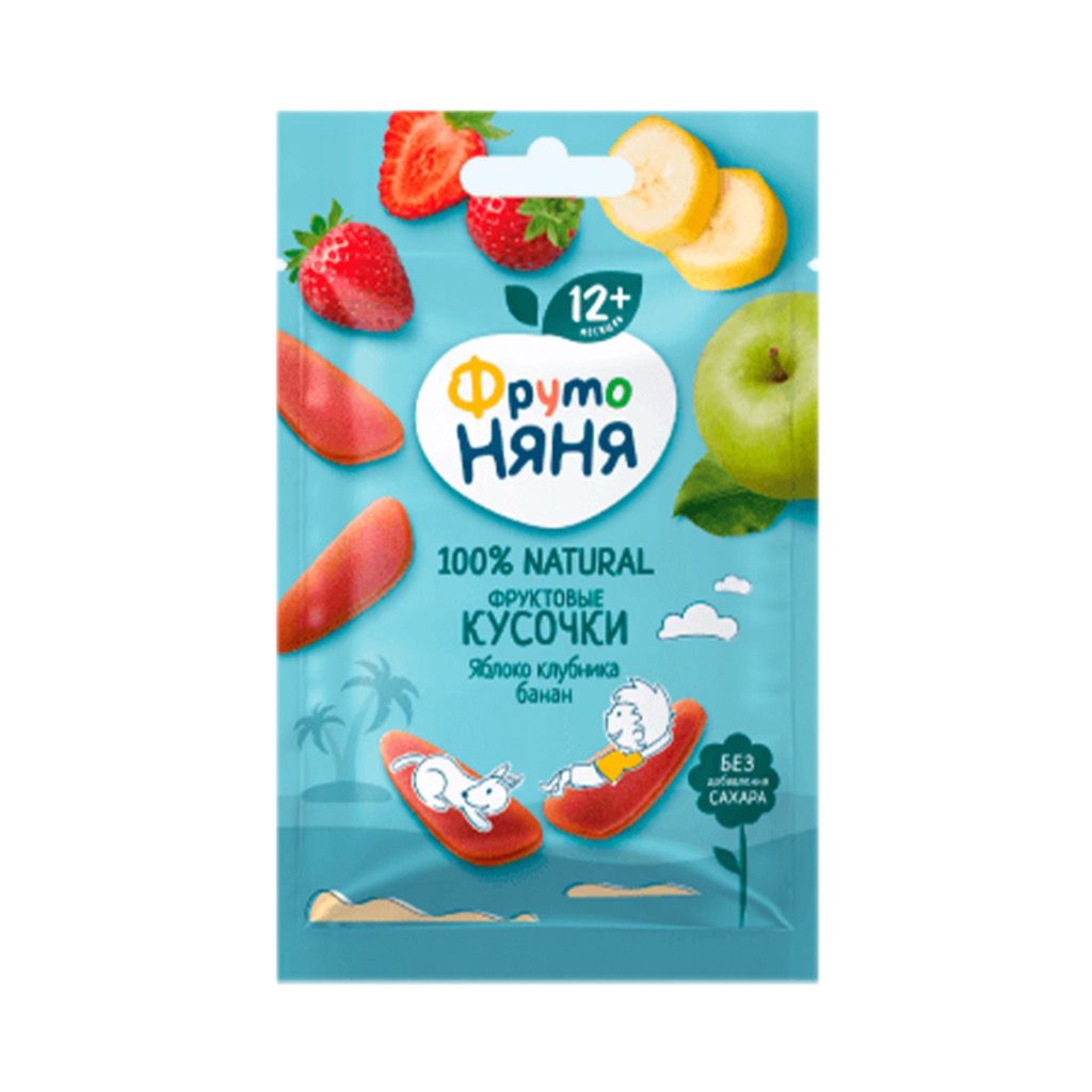 Фруто Няня фруктовые кусочки яблоко, клубника, банан, с 12+ месяцев, 15 гр.