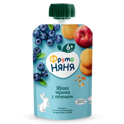 Фруто Няня Пюре сошет, Яблоко черника с печеньем, +6, 90 гр.