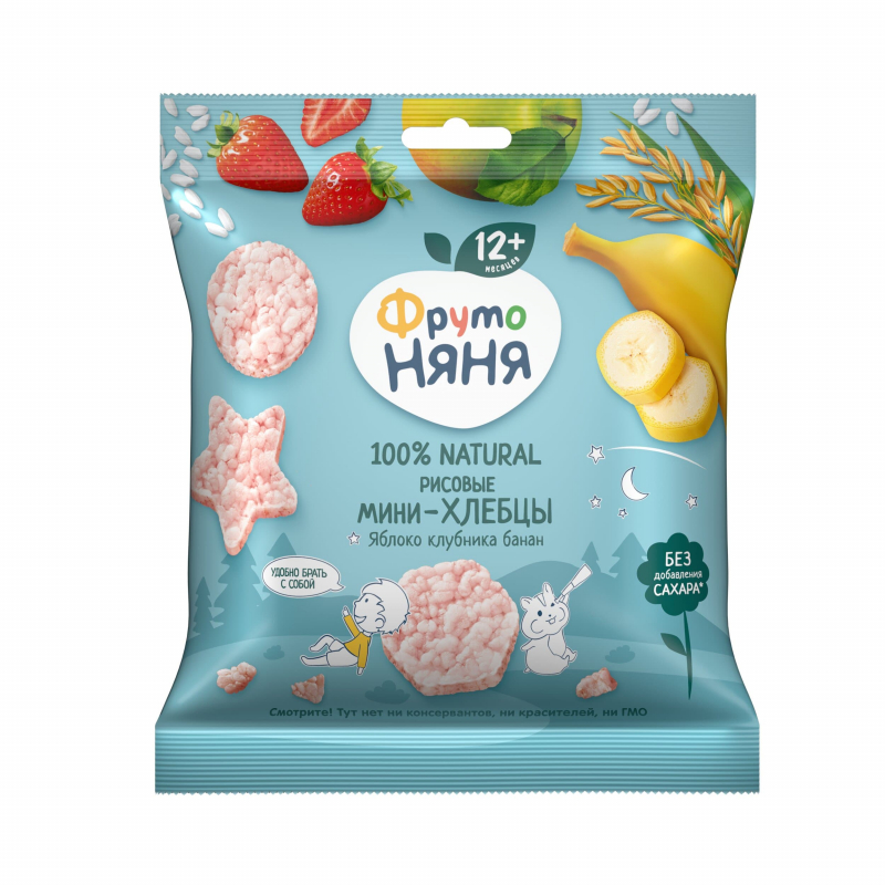 Фруто Няня Рисовые мини хлебцы, яблоко клубника банан, 30 гр , 12+