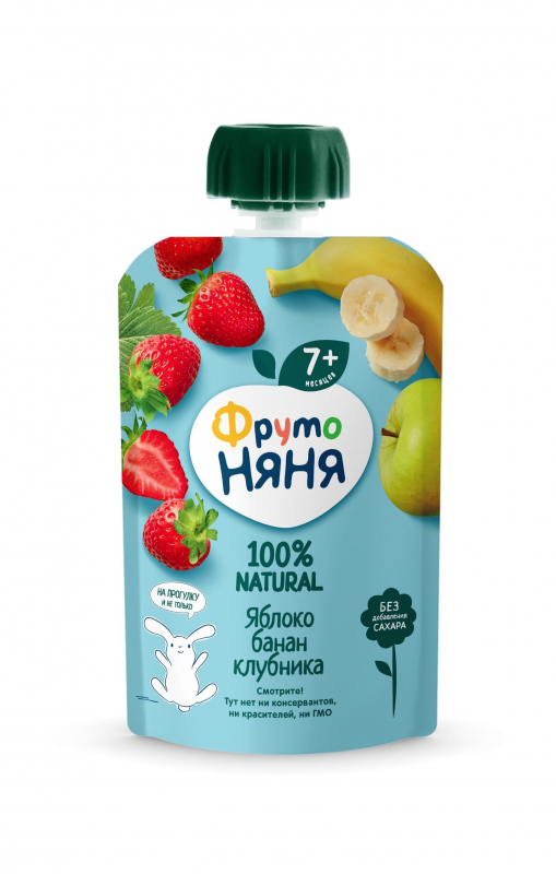 Фруто Няня пюре сошет, яблоко, банан, клубника, с 7+ месяцев, 90 г.