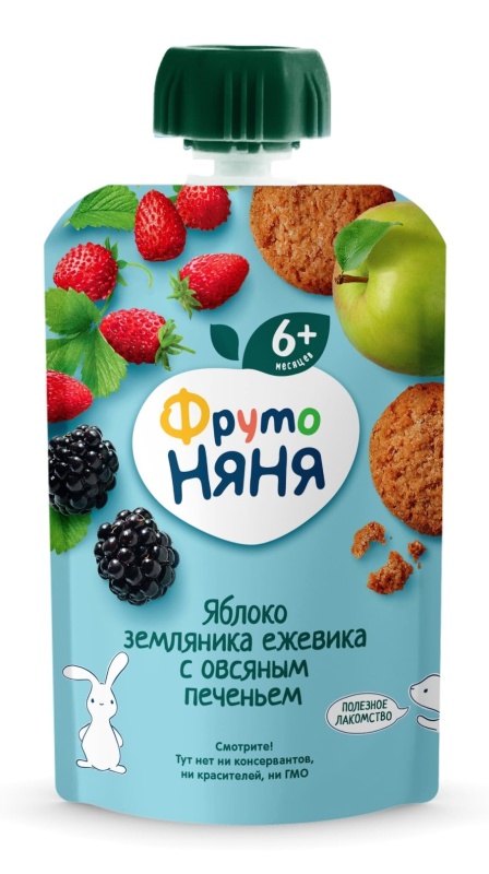 Фруто Няня пюре сошет яблоко, земляника, ежевика с овсяным печеньем, с 6+ месяцев, 90 гр.