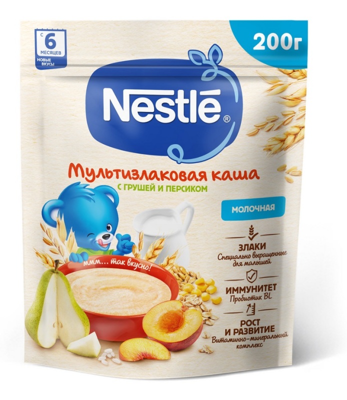 NESTLE каша молочная мультизлаковая, груша и персик, с 6 месяцев